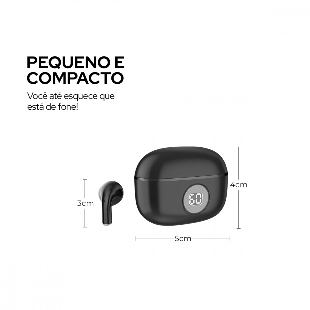Fone de ouvido Sem fio Bluetooth WB Mini IO In-ear TWS Display Digital Bateria 20h IPX4 Preto