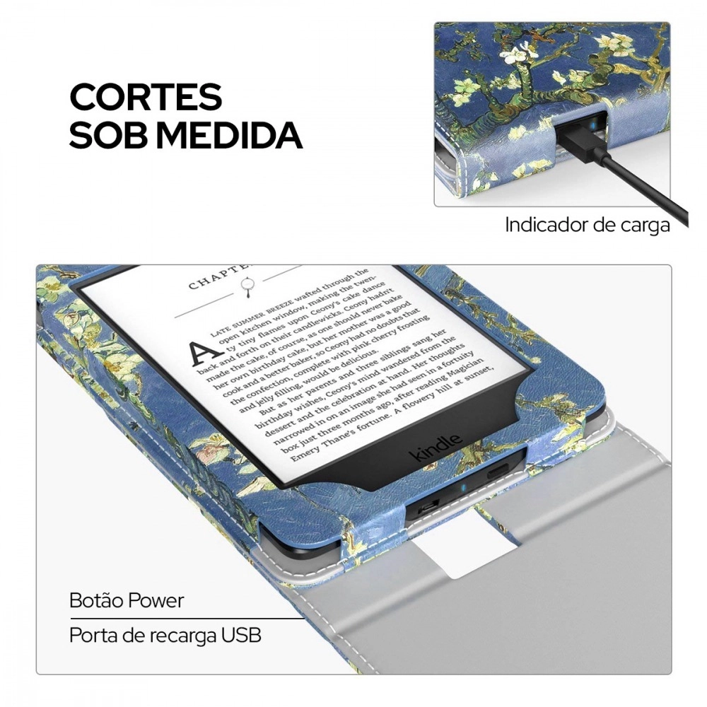 Capa Novo Kindle 11ª geração - 2022 tela 6,0 Polegadas WB Vertical Silicone Flexível Sensor Magnético Flores
